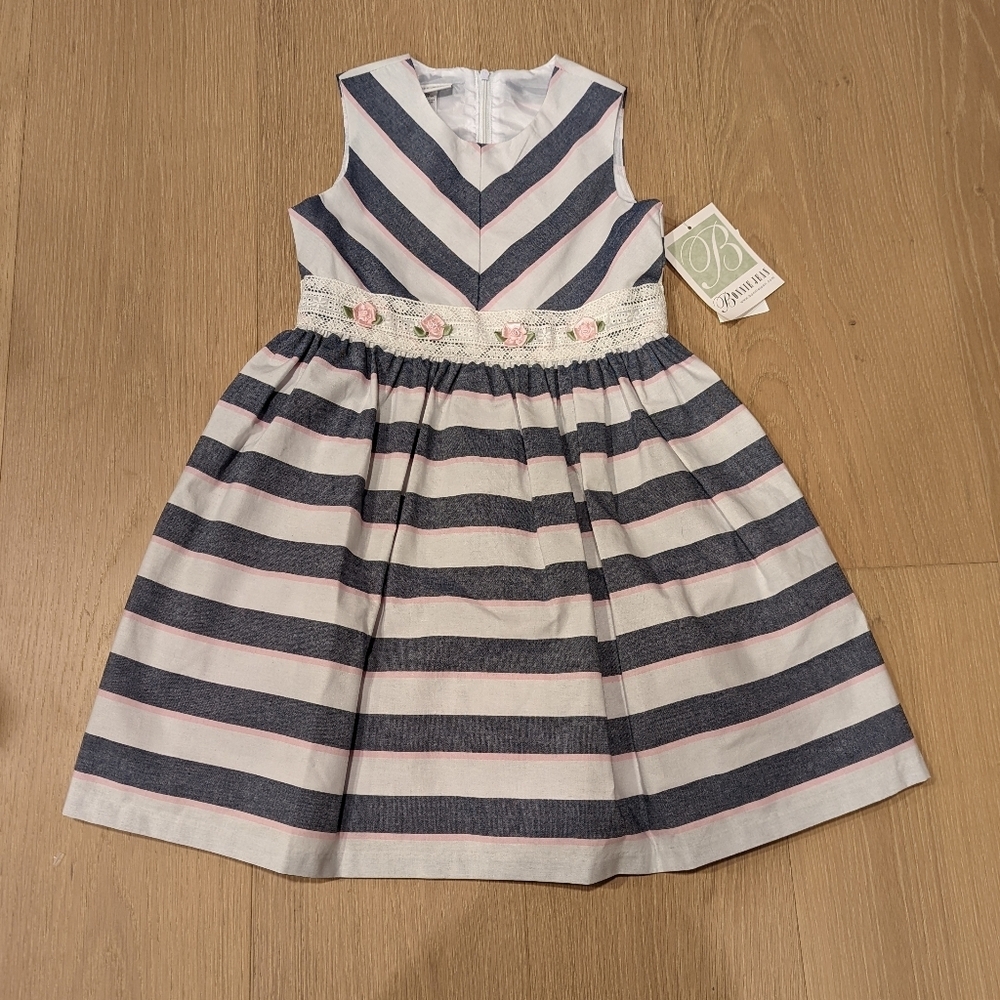Bonnie Jean Navy and White Striped Dress with Floral Accents
